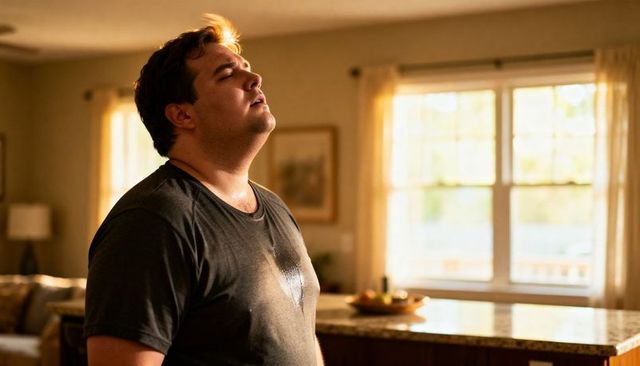Man catching breath in sunlit kitchen after exercise sweat patch on t-shirt home recovery