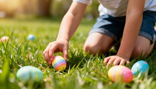 Child picking up colorful easter eggs on sunlit lawn during spring egg hunt