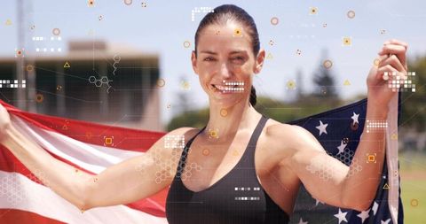 Female Athlete Holding American Flag on Track Celebrating Victory Futuristic HUD Overlay