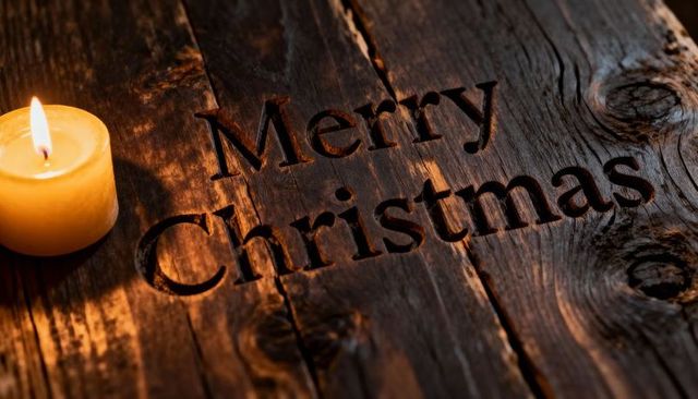 Engraved Merry Christmas on Rustic Wood Plank with Warm Candlelight Glow