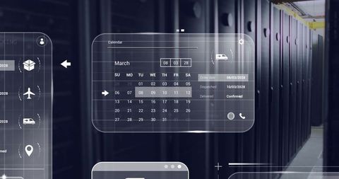 Futuristic ui calendar interface in data center with shipment icons