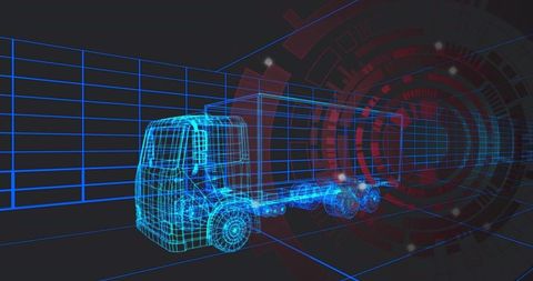 Cyan Wireframe Truck Cab and Chassis in 3D Grid with Red HUD Diagnostics Overlay