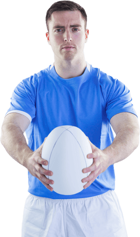 Confident rugby player holding ball on white transparent background
