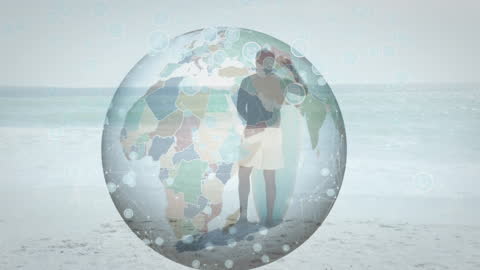 Surfer on Beach with Digital Globe and Network Overlay