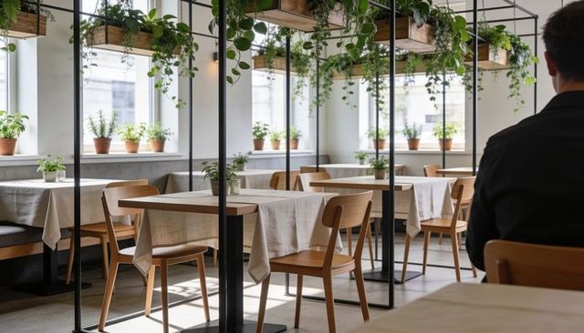Sunlit scandinavian cafe interior featuring wooden tables and hanging planters