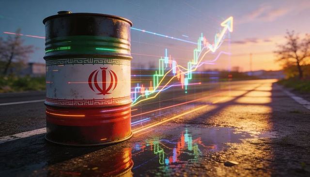 Iran oil barrel reflecting rising market candlestick chart on wet road at sunset with neon trails