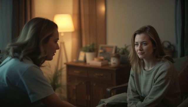 Two Women with a Serious Conversation in Cozy Living Room