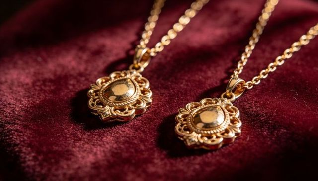 Vintage-style gold filigree pendant necklaces resting on burgundy velvet closeup