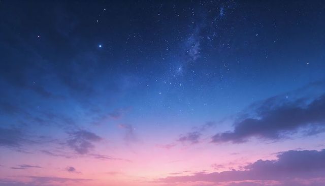 Twilight Starfield Over Pastel Horizon With Milky Way and Wispy Clouds, Dreamy Celestial Gradient