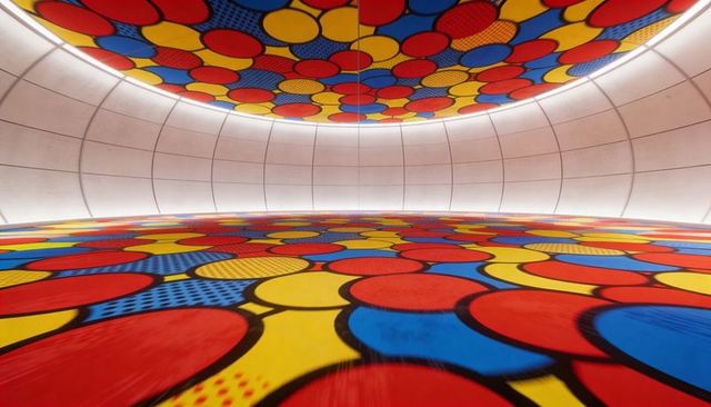 Curved white gallery featuring mirrored floor reflecting bold pop-art circle pattern led