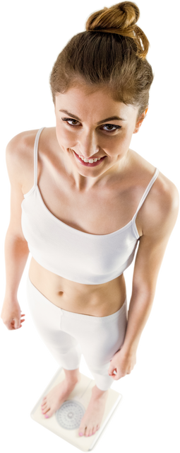 Fit Woman Standing on Weighing Scale Smiling with Transparent Background - Download Free Stock Videos Pikwizard.com