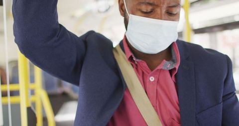 Businessman on Bus Wearing Mask Using Smartphone - Download Free Stock Images Pikwizard.com
