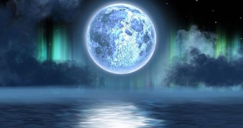Surreal Full Moon Illuminating Northern Lights Over Calm Lake - Download Free Stock Images Pikwizard.com