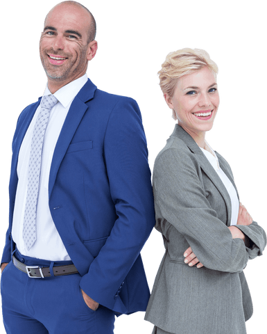 Transparent Business Team, Back-to-Back in Suit Attire Smiling Professionally
