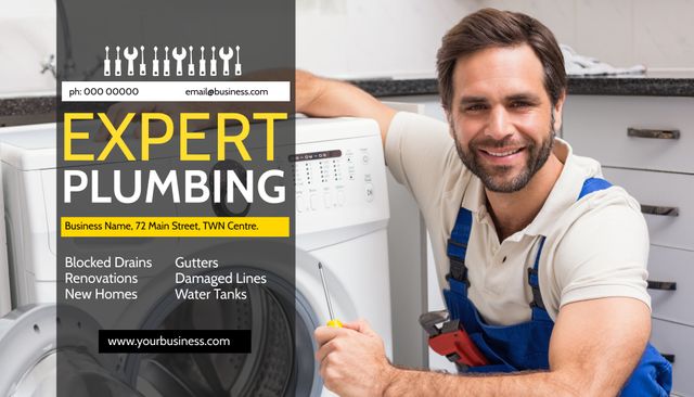 Expert Plumber Smiling Confidently While Repairing Laundry Appliance - Download Free Stock Templates Pikwizard.com