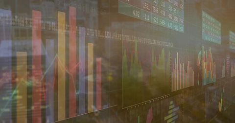 Transparent financial dashboard displaying live market data and rising bar charts