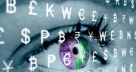 Close-up of woman's eye with currency symbols and digital overlay