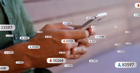 Mid-adult man tapping smartphone with floating social notifications and follower counters