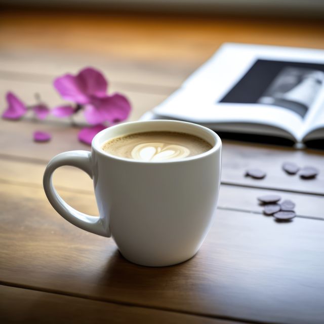 White cup with latte coffee and petals on wooden table, created using generative ai technology. Coffee and drink concept digitally generated image.