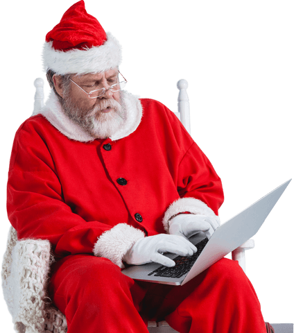 Transparent Santa Claus Using Laptop with Serious Expression