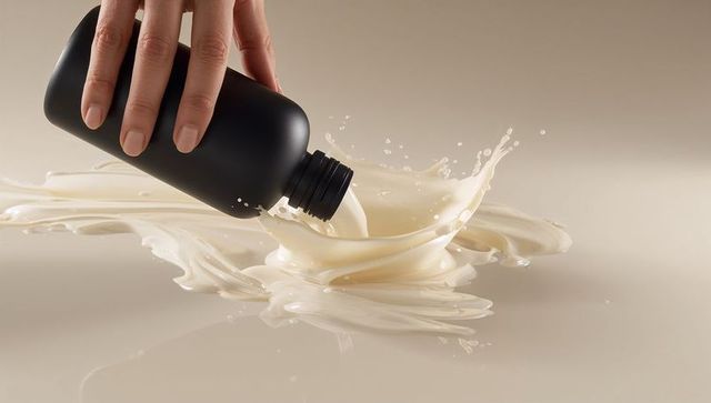 Pouring liquid from black bottle creates abstract splash