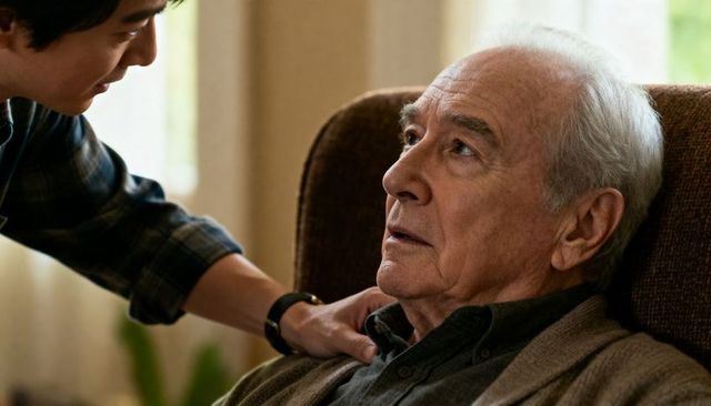 Caregiver comforting elderly man in armchair offering gentle support and compassionate presence