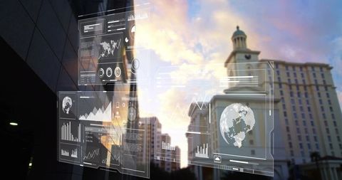 Futuristic digital ui panels over city street at dusk