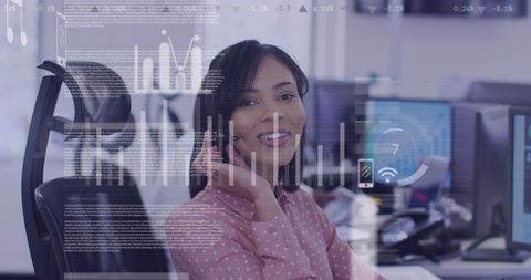 Smiling Female Professional Analyzing Data on Smartphone in Modern Office