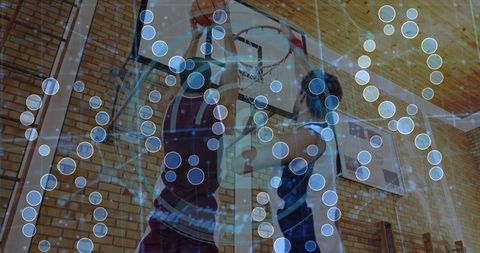 Dynamic basketball competition with digital overlay animation