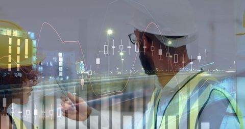 Construction Collaboration with Financial Data Overlay at Night