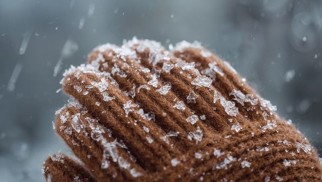 Brown wool glove with melting ice crystals and frost on ribbed knit macro winter texture