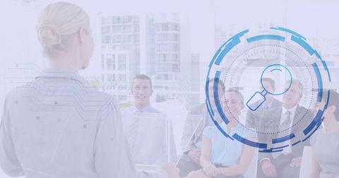 Business Presentation with Digital Technology Overlay in Modern Office