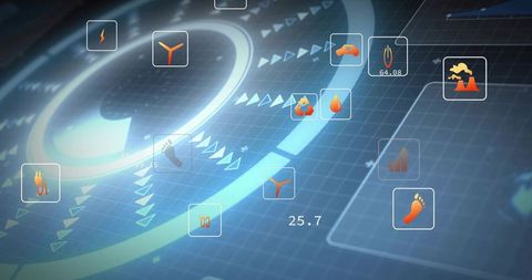 Futuristic Energy Analytics HUD Displaying Renewable Icons and Holographic Data Visualization