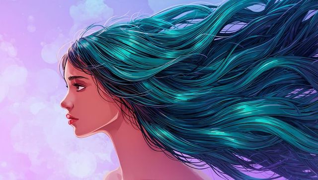 Ethereal Woman with Flowing Teal Hair Against Bokeh Background