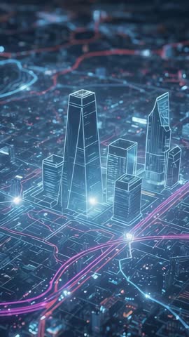 Activating Hologram Wireframe Towers Over Neon City Grid Vertical Futuristic Data Map