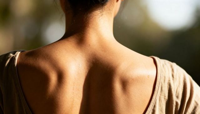 Sunlit woman upper back and shoulder blades closeup glowing skin with sweat wearing beige tank top