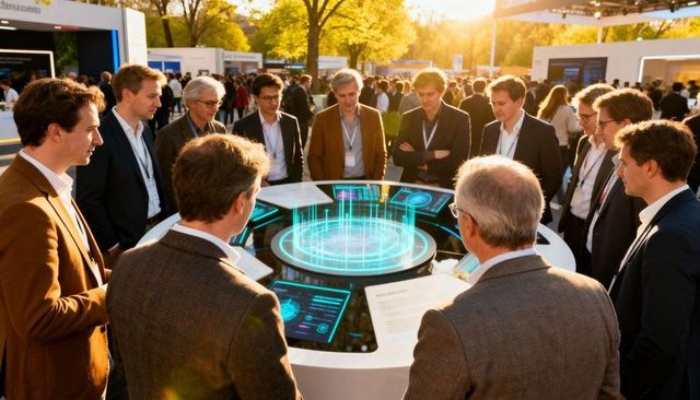 Executives networking around holographic demo table at outdoor tech conference