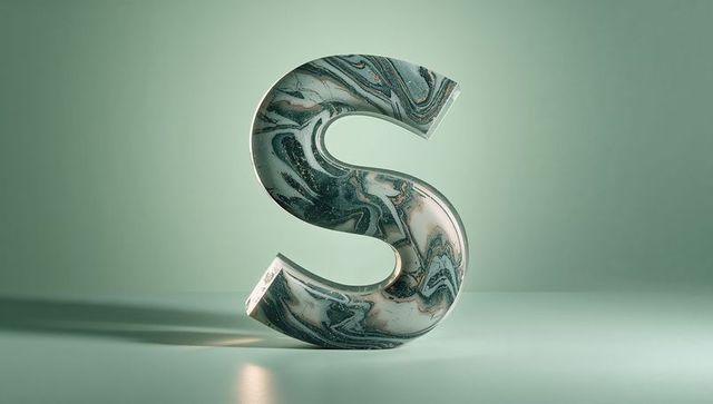 Elegant marble 3d letter s with green swirls on mint background
