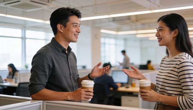 Asian colleagues chatting over coffee in modern open-plan office, casual workplace break