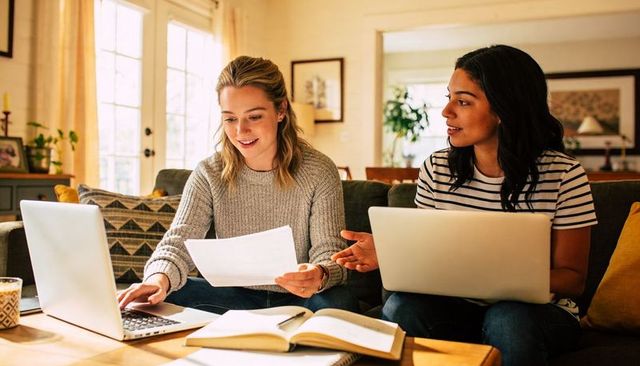 Two Women Collaborating on Laptops in Cozy Sunlit Living Room Reviewing Documents