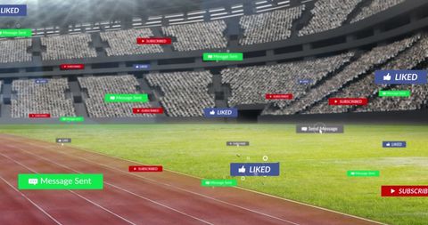 Social Media Icons Floating in Empty Stadium