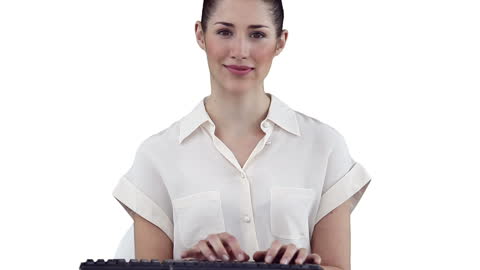 Confident Businesswoman Typing on Keyboard Smiling