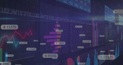Futuristic finance dashboard visualizing market data with colorful charts and trend analytics