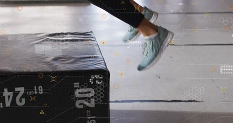 Leaping athlete doing plyometric box jump with mint sneakers and hud overlay