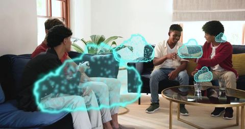 Four friends interacting with holographic cloud projections in modern living room