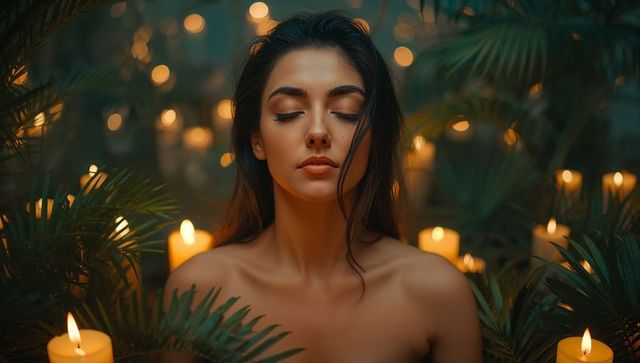 Serene Woman Meditating with Glowing Candles and Lush Trees