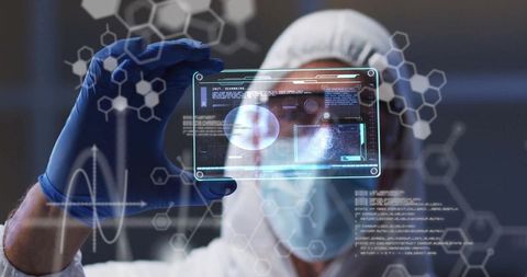 Technician holding holographic data in lab for futuristic research