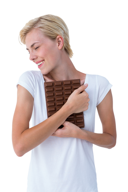 Smiling Woman Hugging Large Bar of Chocolate on Transparent Background - Download Free Stock Videos Pikwizard.com