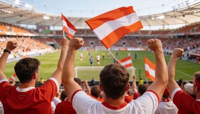 Cheering football fans waving red and white flags in packed stadium during match