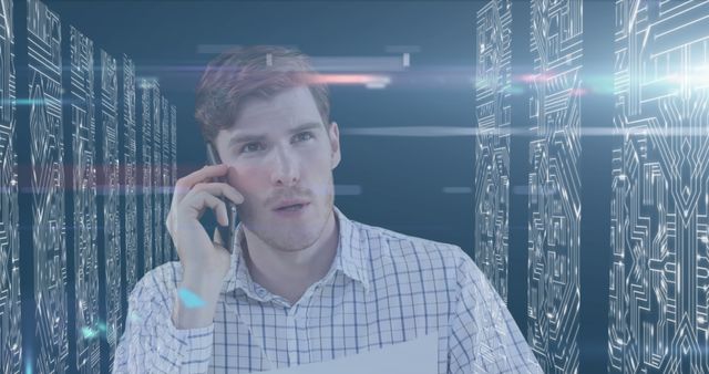Businessman in checkered shirt talking on mobile phone in data center with digital server graphics overlay. Ideal for illustrating concepts related to IT, networking, technical support, and corporate communication.